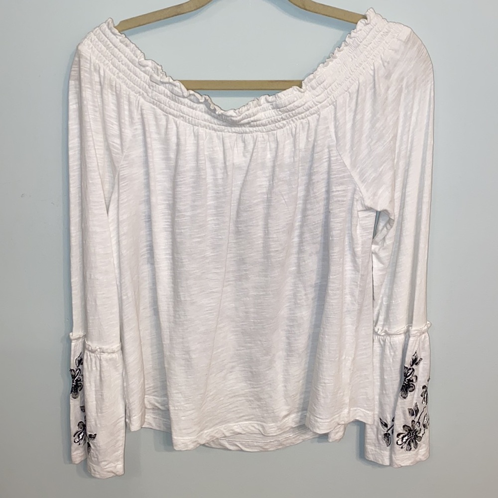 Anthropologie NWT white off the shoulder blouse w/ black embroidered flowers, M - Picture 6 of 6